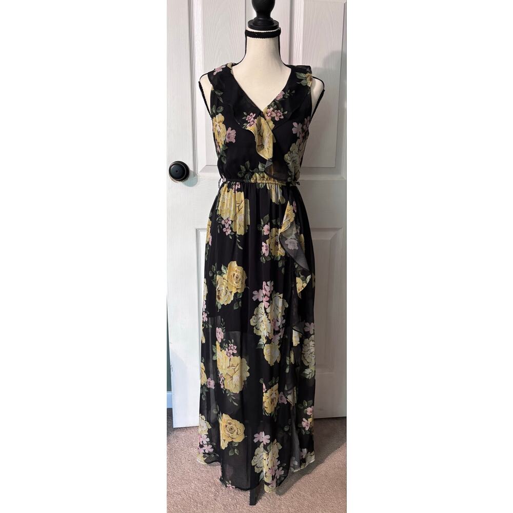 Disney Princess Yellow Rose Dress Women's XS Black Chiffon Ruffle Maxi